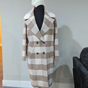 Michael Kors Beige and Cream Plaid Pea Coat